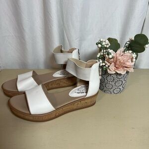 Royu Lillian White and Tan Flat Sandals with Ankle Strap